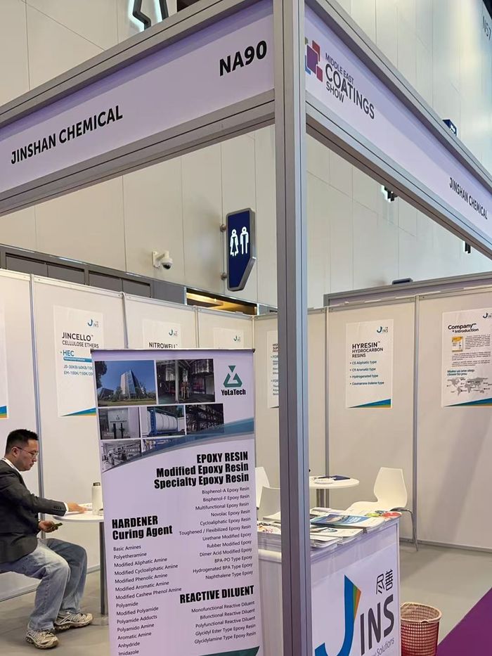 Yolatech epoxy resin, hardener and reactive diluent panel at joint booth NA90, Middle East Coatings Show 2026, Expo City Dubai